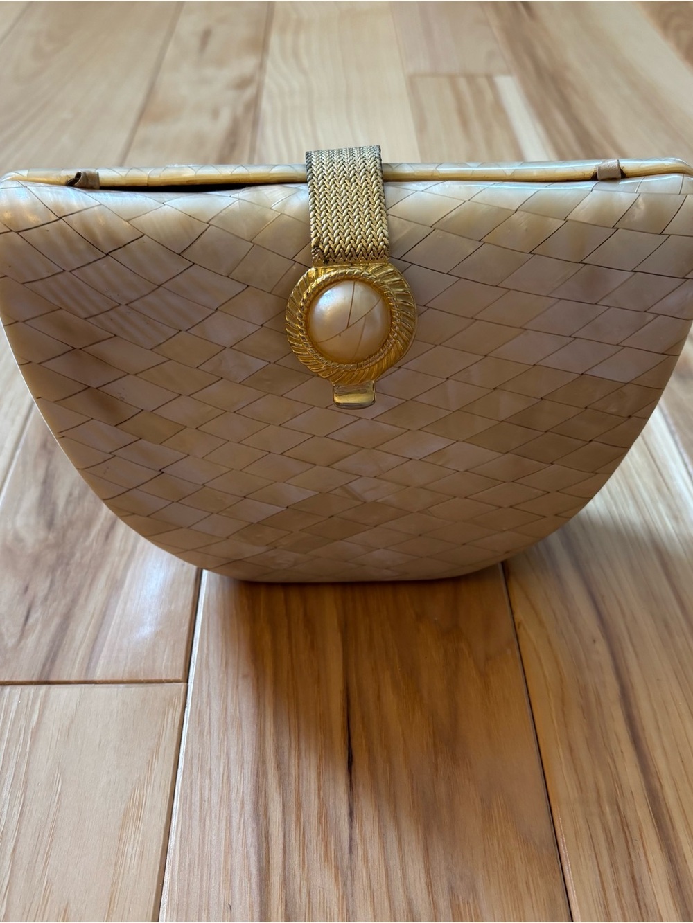 Vintage Le-Ann Mother of Pearl Mosaic Clutch Bag with Chain Strap